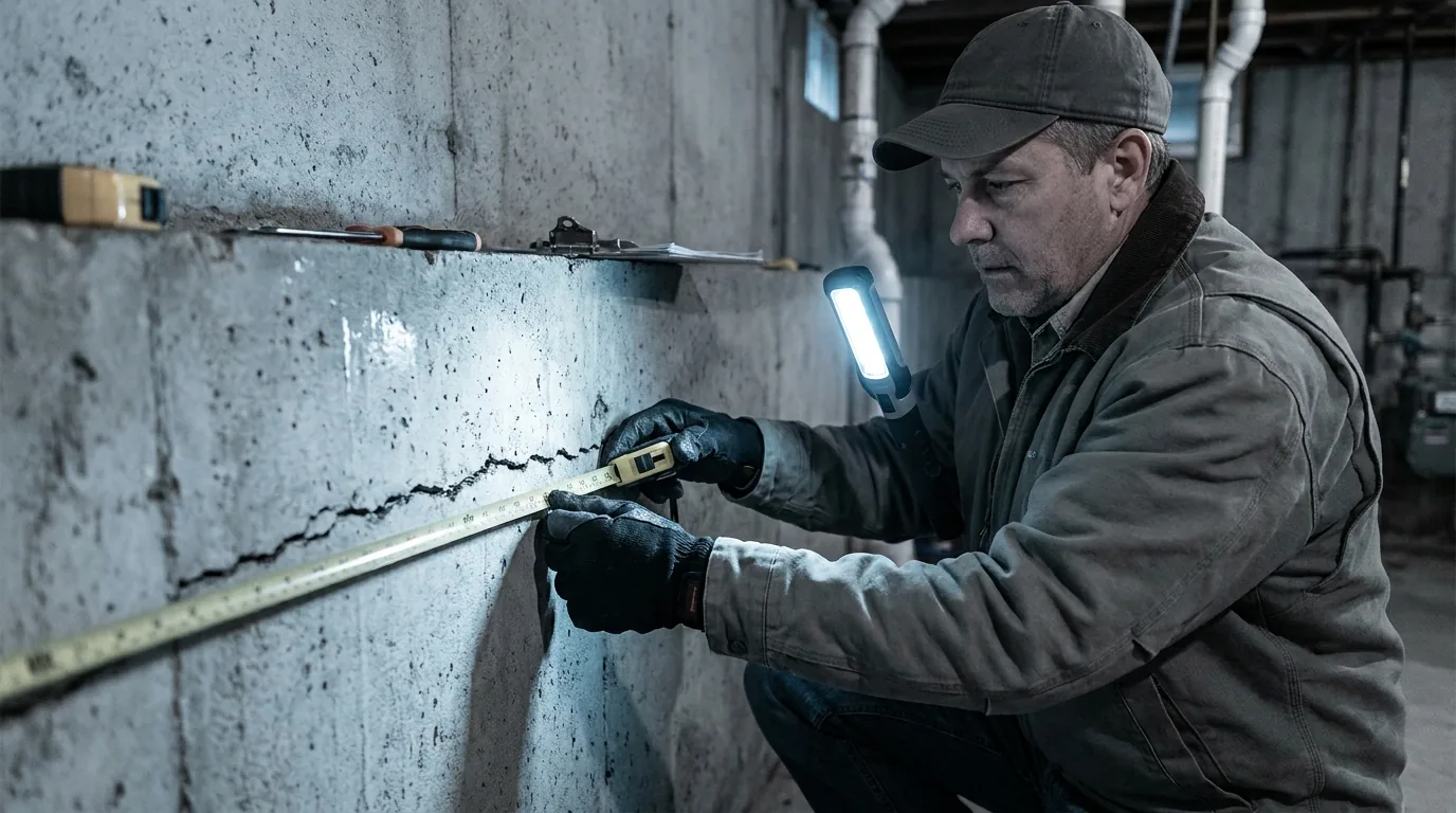 Home inspector examining a horizontal crack in a NJ basement foundation wall
