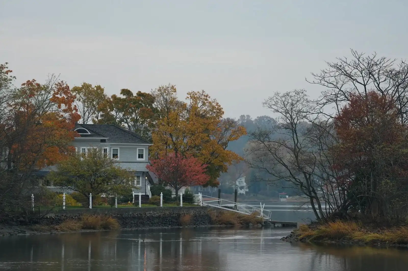 Quiet waterfront homes along a calm inlet