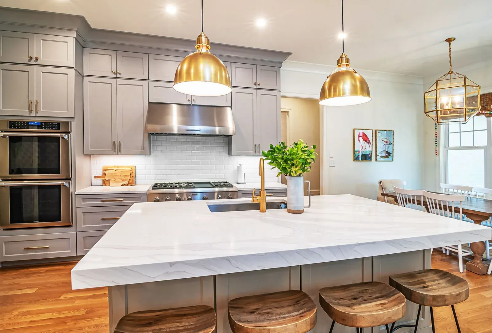 Pendant light fixture hanging from a ceiling