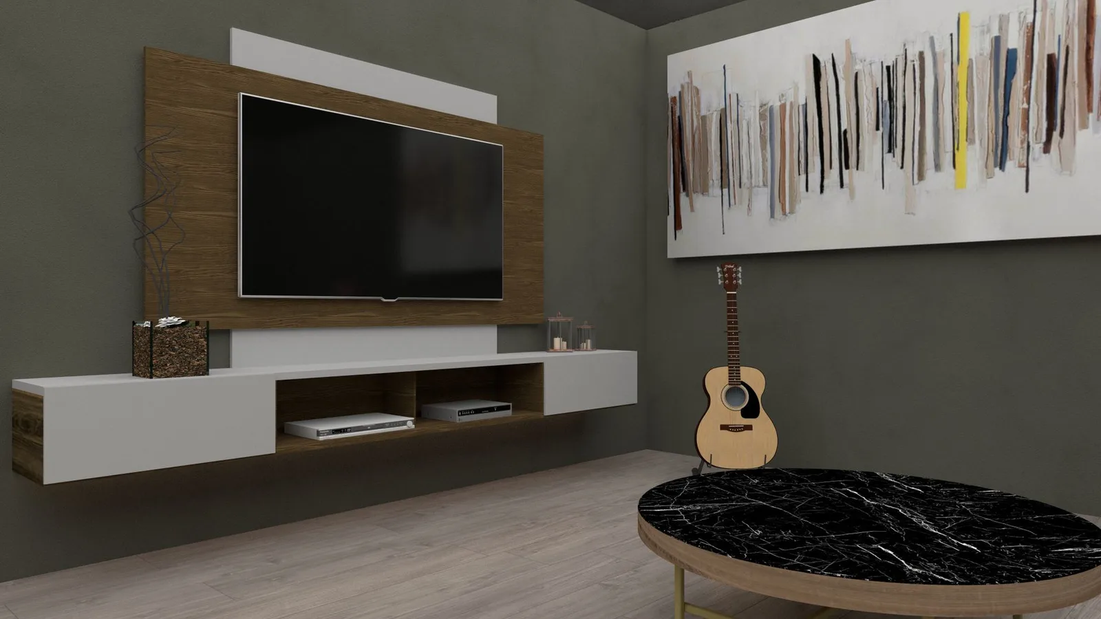 Flat-screen television mounted on a living-room wall