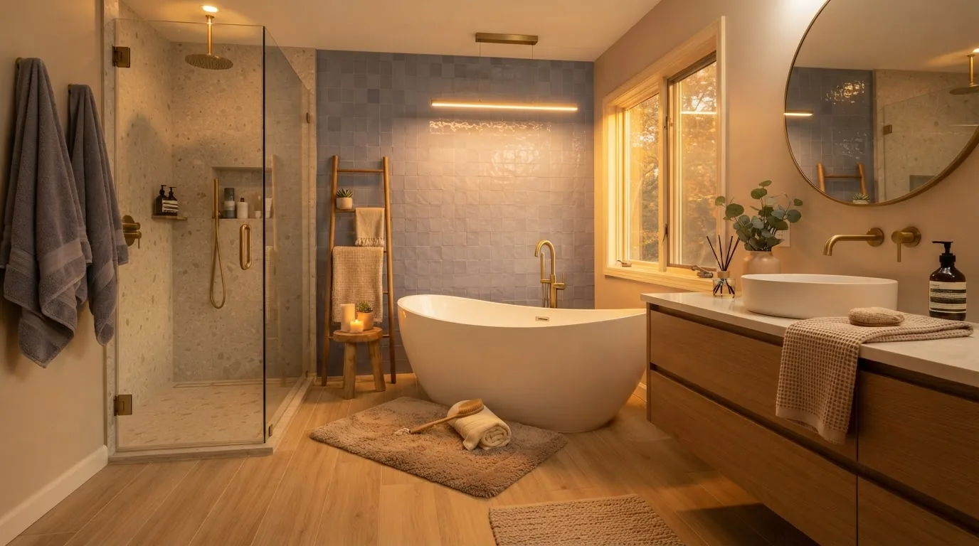 Newly remodeled bathroom with modern vanity and tile shower in a New Jersey home