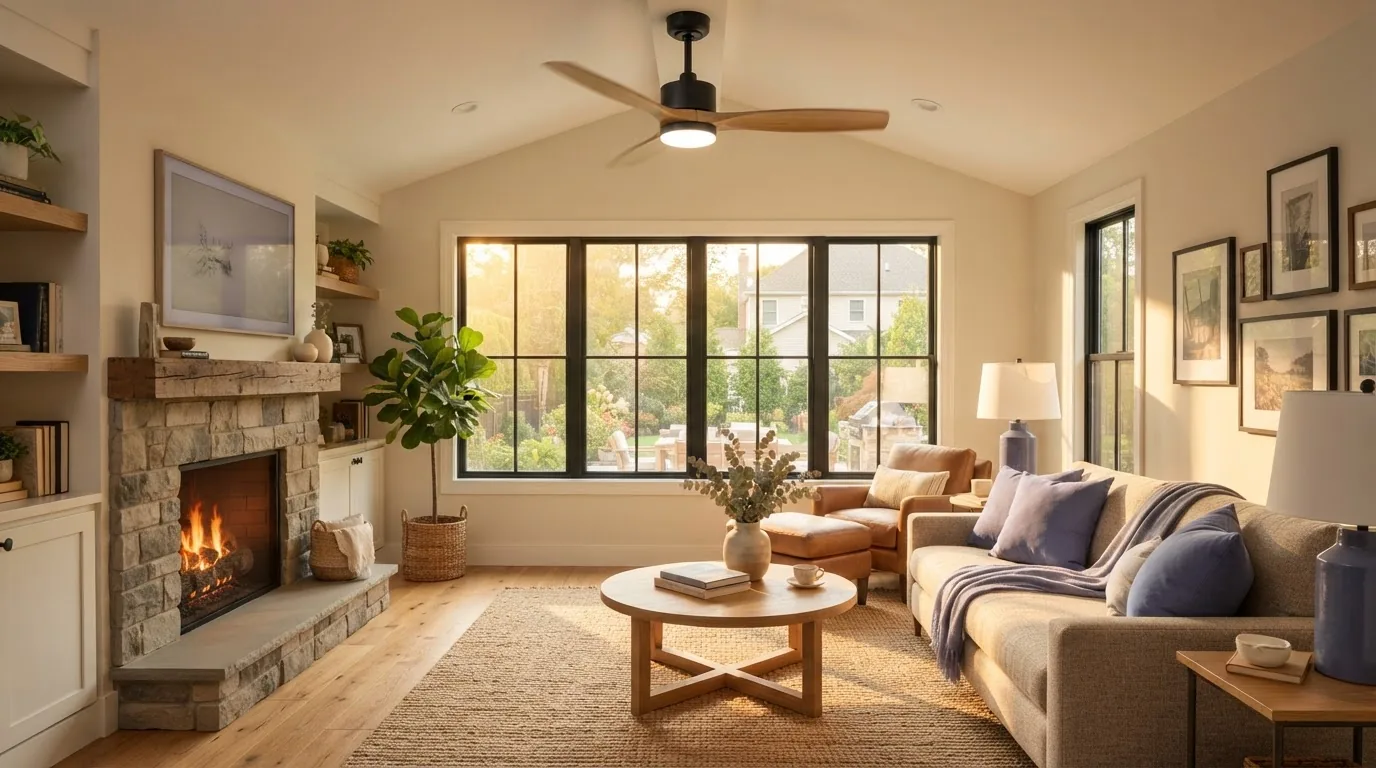 Modern ceiling fan installed in a bright NJ living room