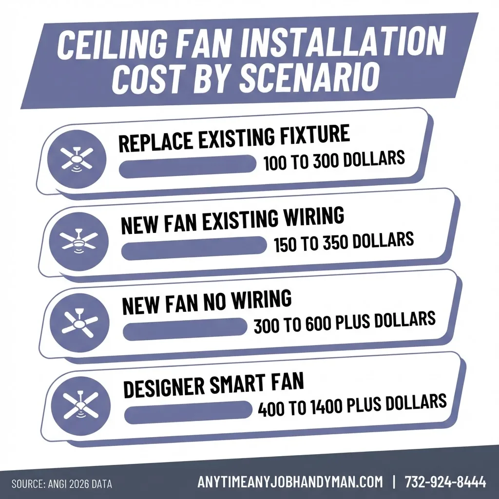 Ceiling fan installation cost by scenario infographic
