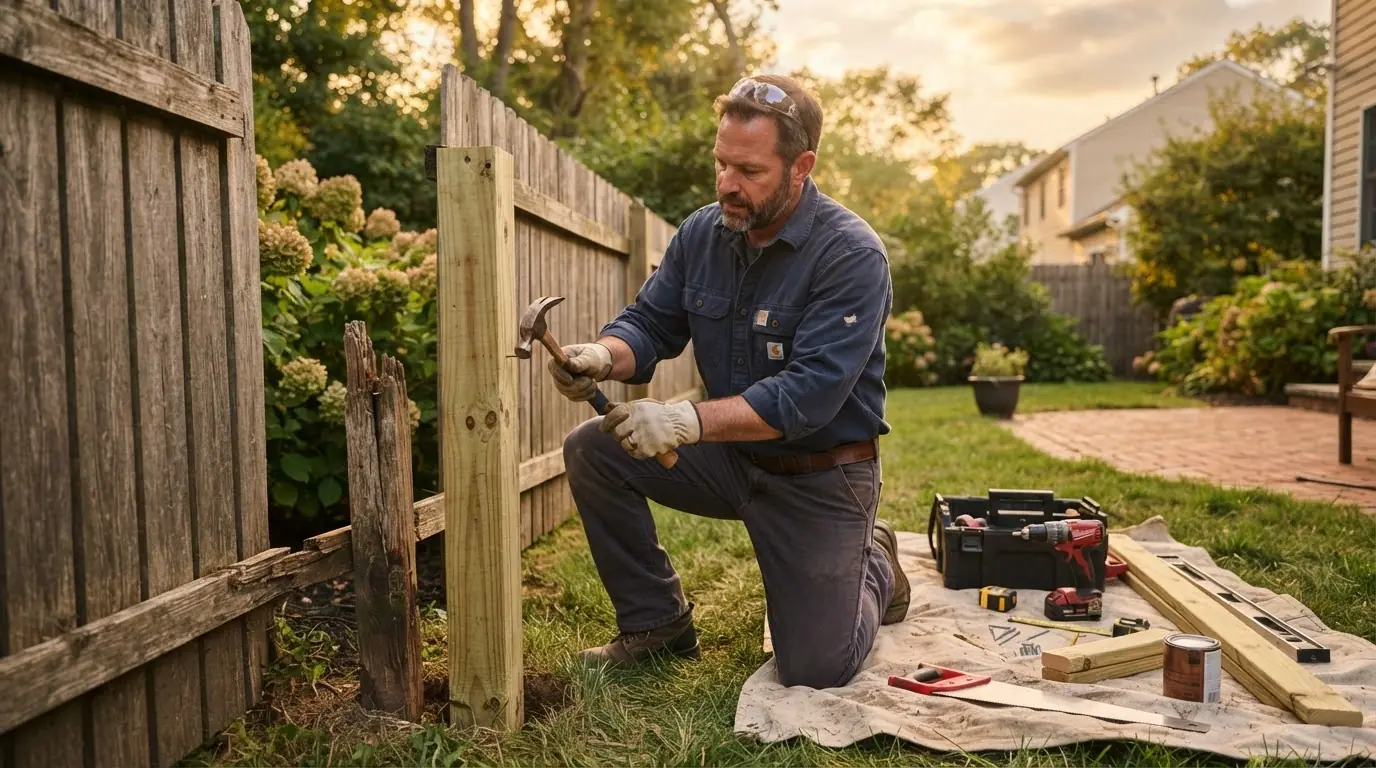 Handyman repairing a wooden fence post in a Monmouth County NJ backyard