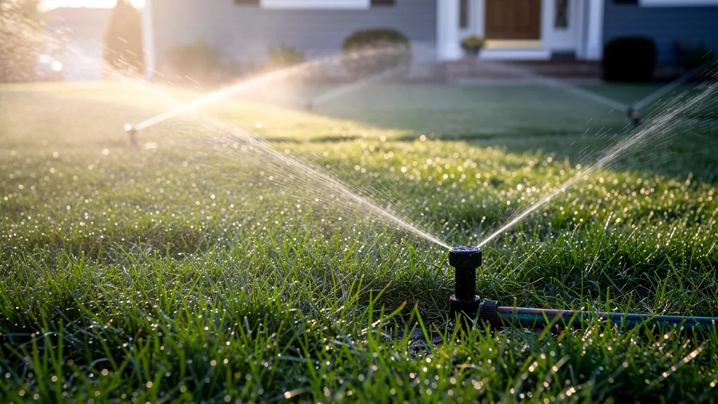 In-ground sprinkler heads watering a NJ lawn in early morning