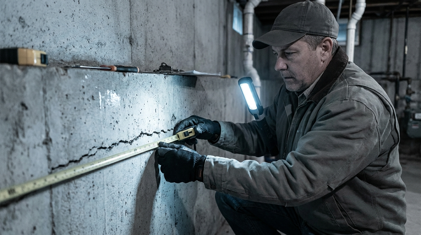 Home inspector examining a horizontal crack in a NJ basement foundation wall