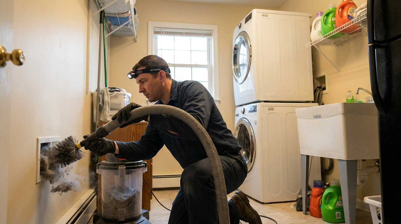 Technician cleaning a clogged dryer vent duct in a NJ home