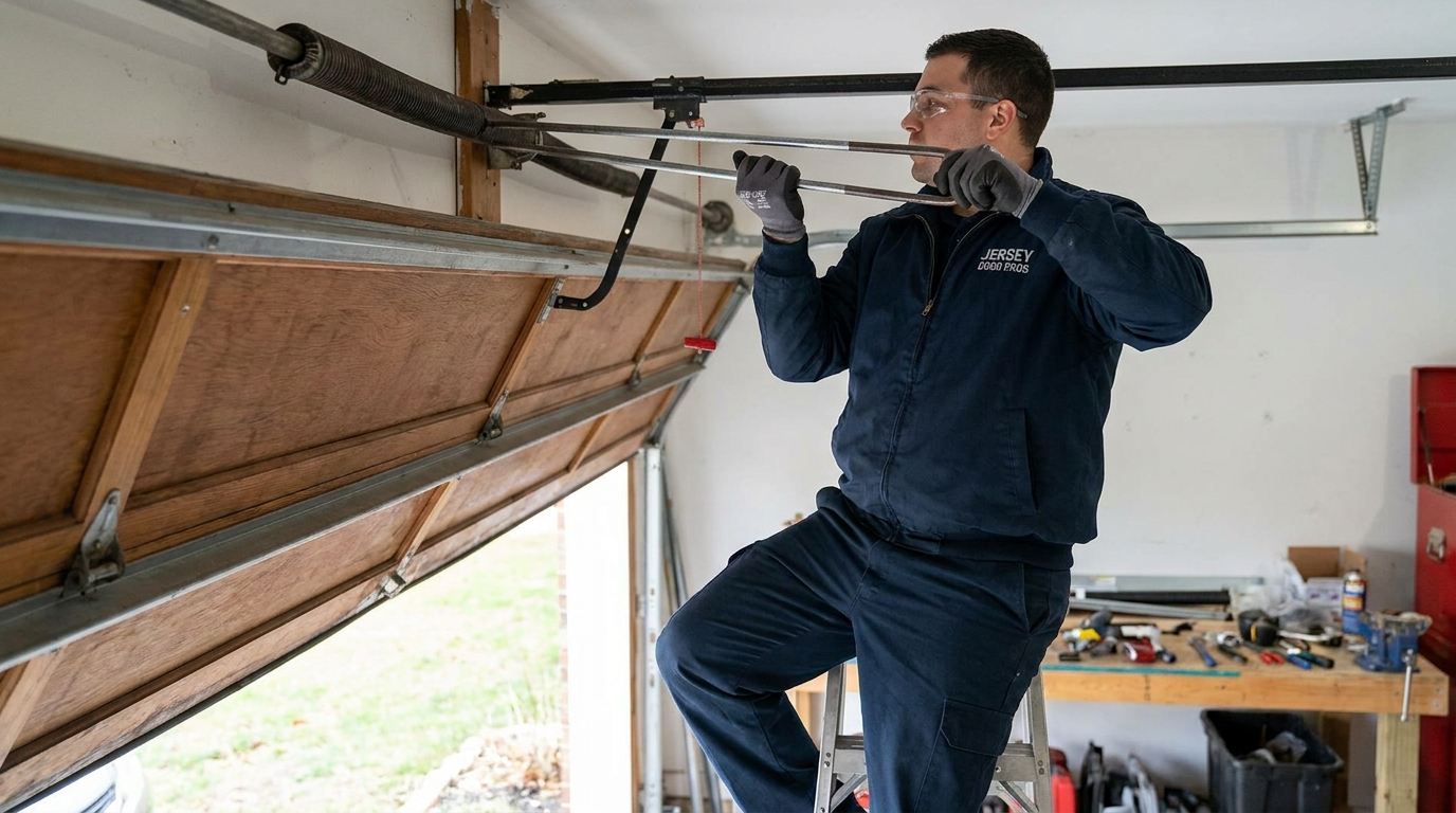 Garage door technician repairing a torsion spring in a NJ home