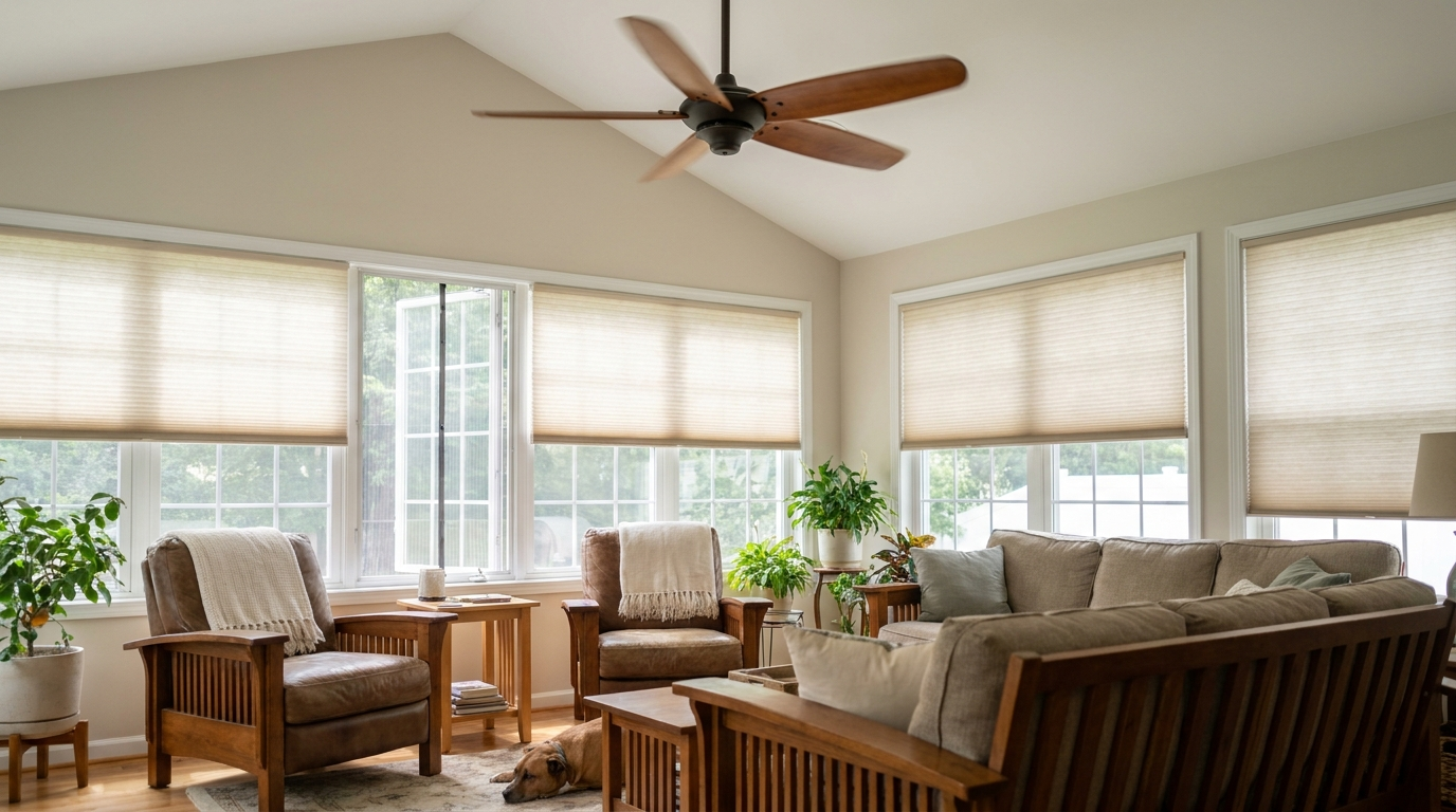 Cool, comfortable NJ living room with ceiling fan and drawn shades in summer